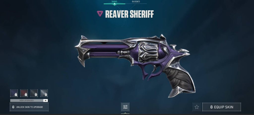 Catalog of weapons options with closeup of Reaver Sheriff from Valorant illustrates an example of shooter game information that must be localized for players. 